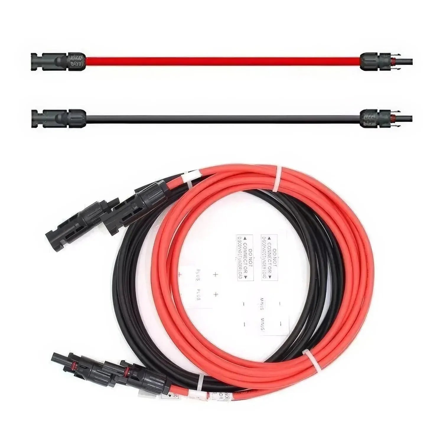 Solar panel cable assembly with red and black MC4 connector pairs, shown coiled and in straight configurations.