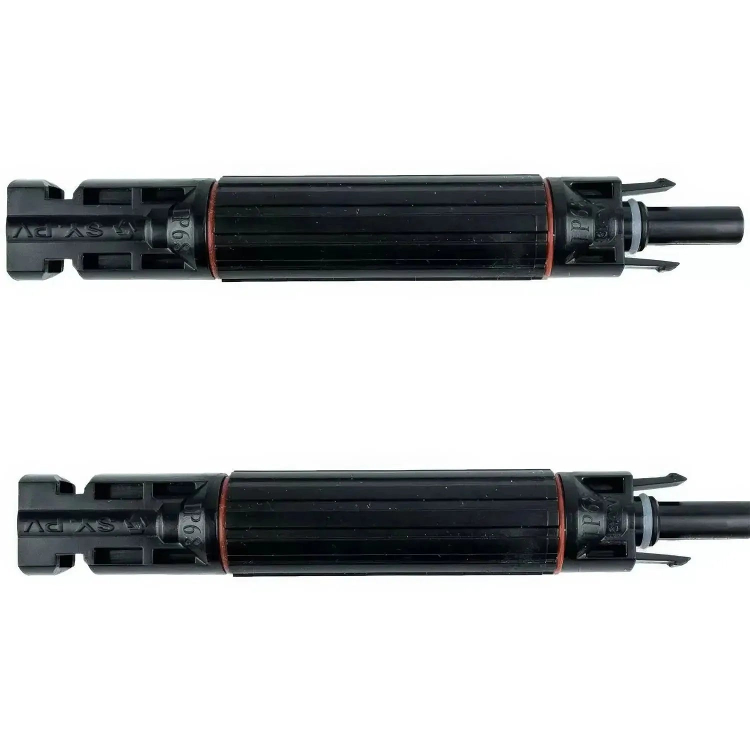 Two black cylindrical battery modules with red bands and connector ports, shown from side view.