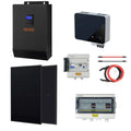 Voltagon 5kW off-grid solar system components including inverter, batteries, solar panels, charge controller, and wiring cabl