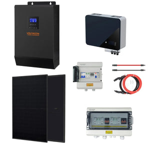 Voltagon 5kW off-grid solar system components including inverter, batteries, solar panels, charge controller, and wiring cabl