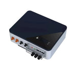 White 5kW solar inverter with black top panel, orange and black connectors, and three black terminal ports on front face.