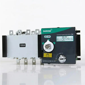 Suntree automatic transfer switch 100A with white disconnect switch and black control unit featuring rotary selector dial and