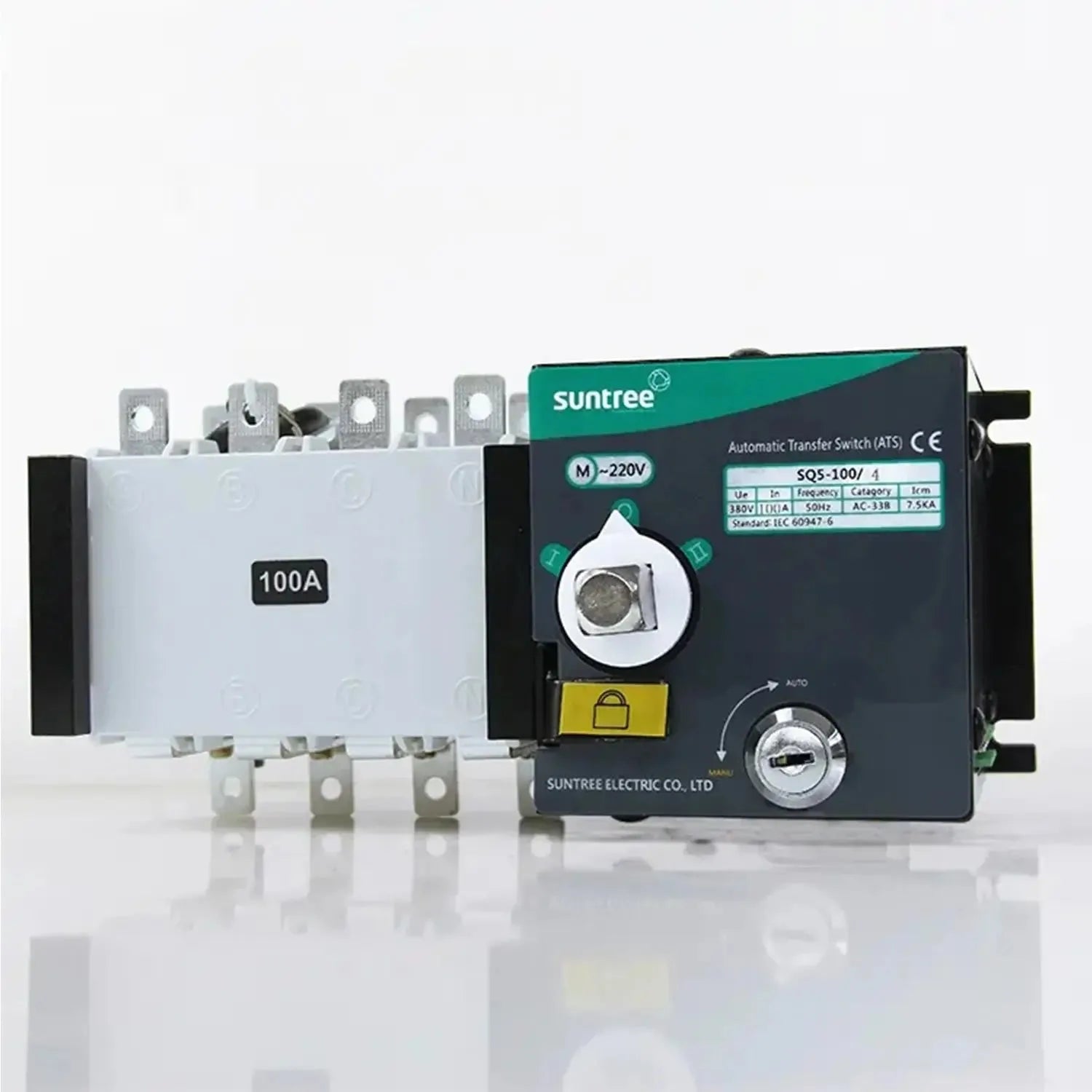 Suntree automatic transfer switch 100A with white disconnect switch and black control unit featuring rotary selector dial and