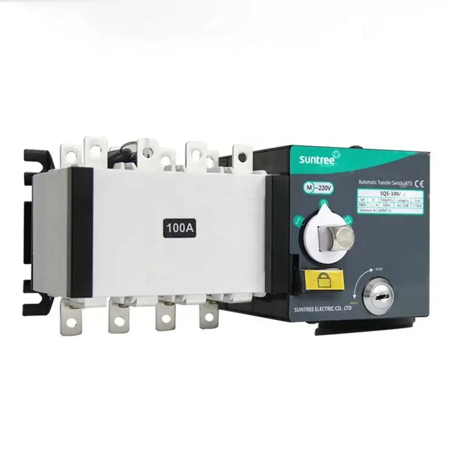 Suntree 100A automatic transfer switch with 4-pole terminals, control panel with rotary selector dial, and yellow safety lock