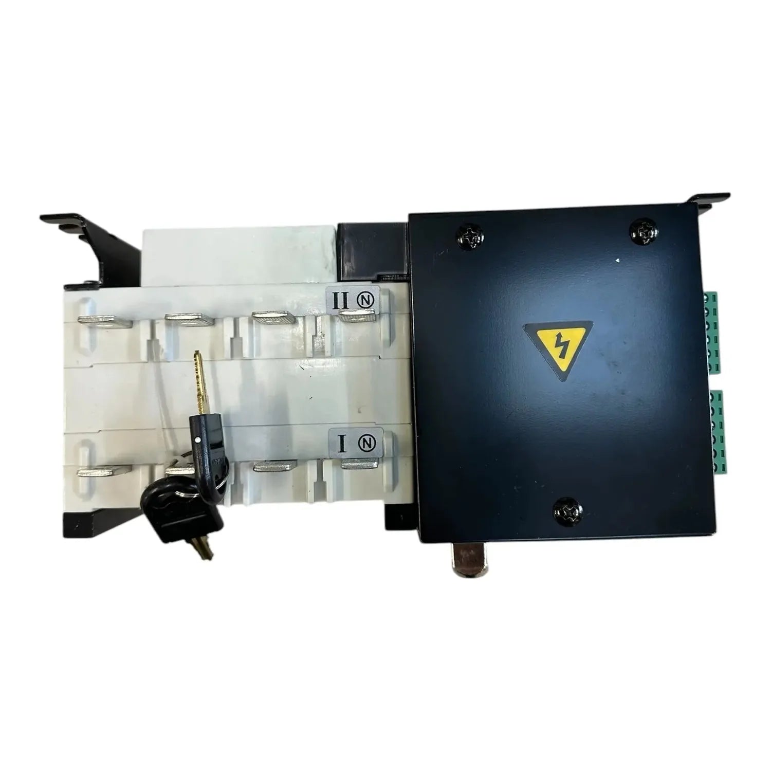 Automatic transfer switch with white disconnect mechanism on left side and black enclosure with yellow high-voltage warning t