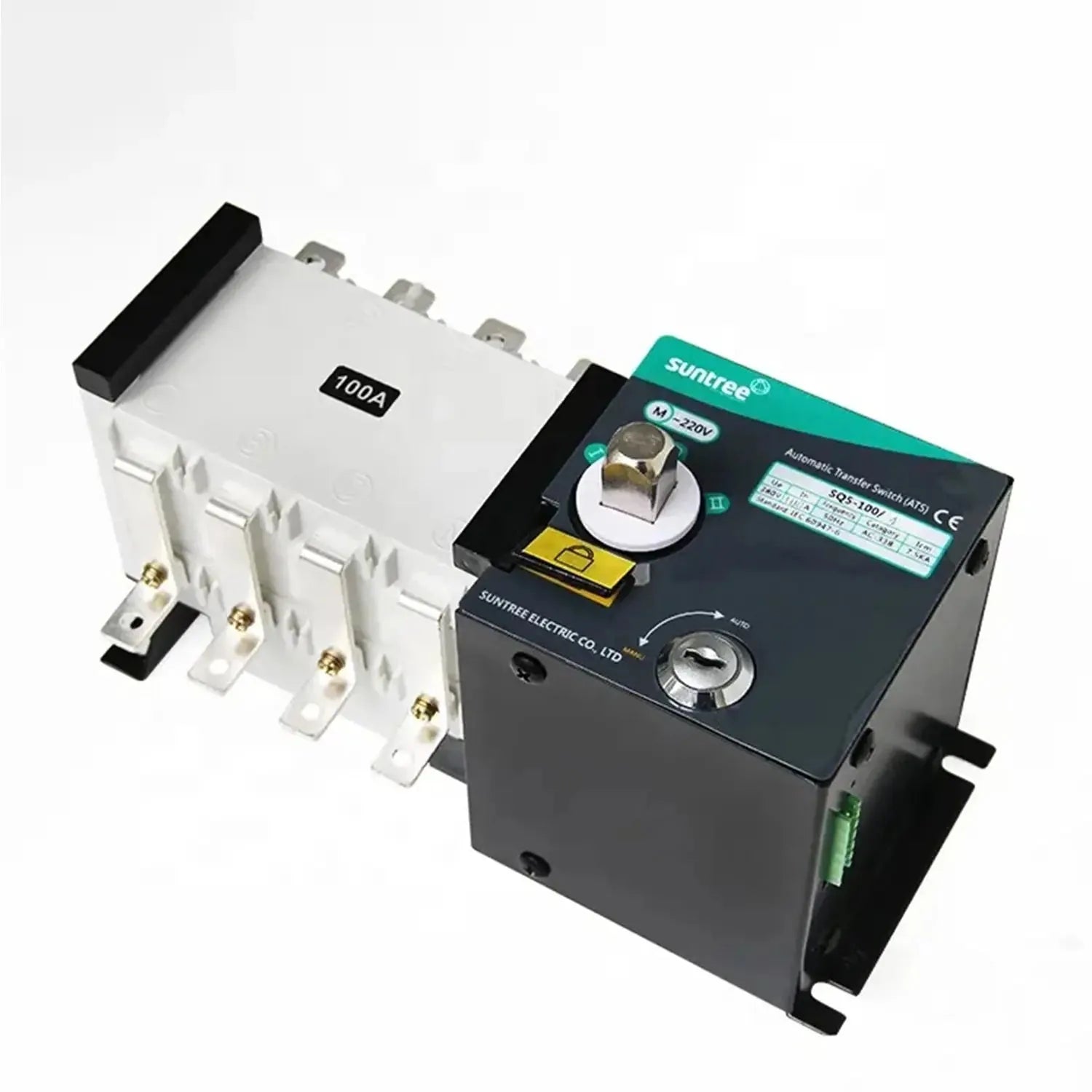Automatic Transfer Switch 100A with white disconnect switch and black control module featuring green label and rotary selecto