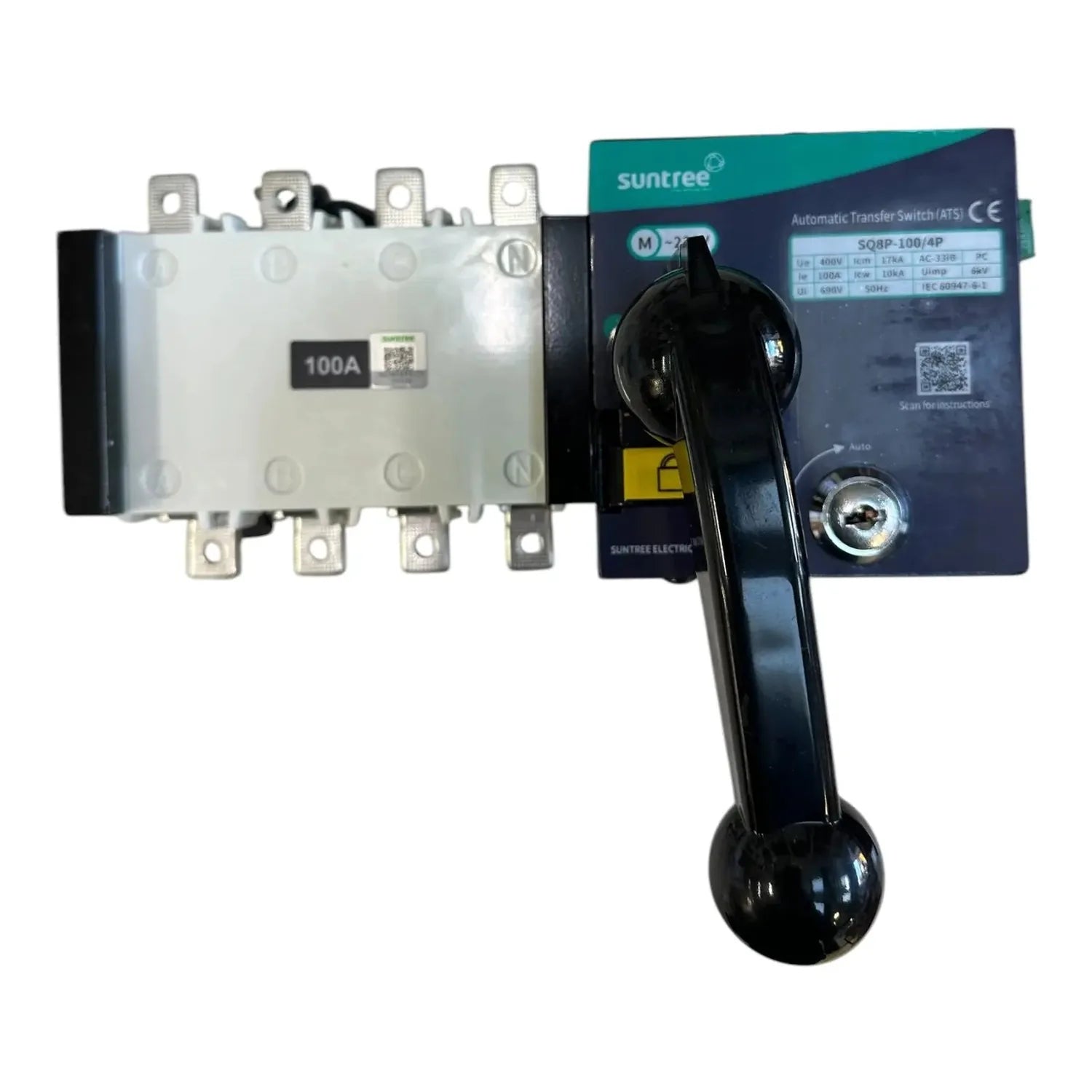 Suntree automatic transfer switch 100A with white disconnect base and black manual operating handle.