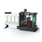 Automatic transfer switch with internal components visible, showing four white contact blocks on left side and control circui