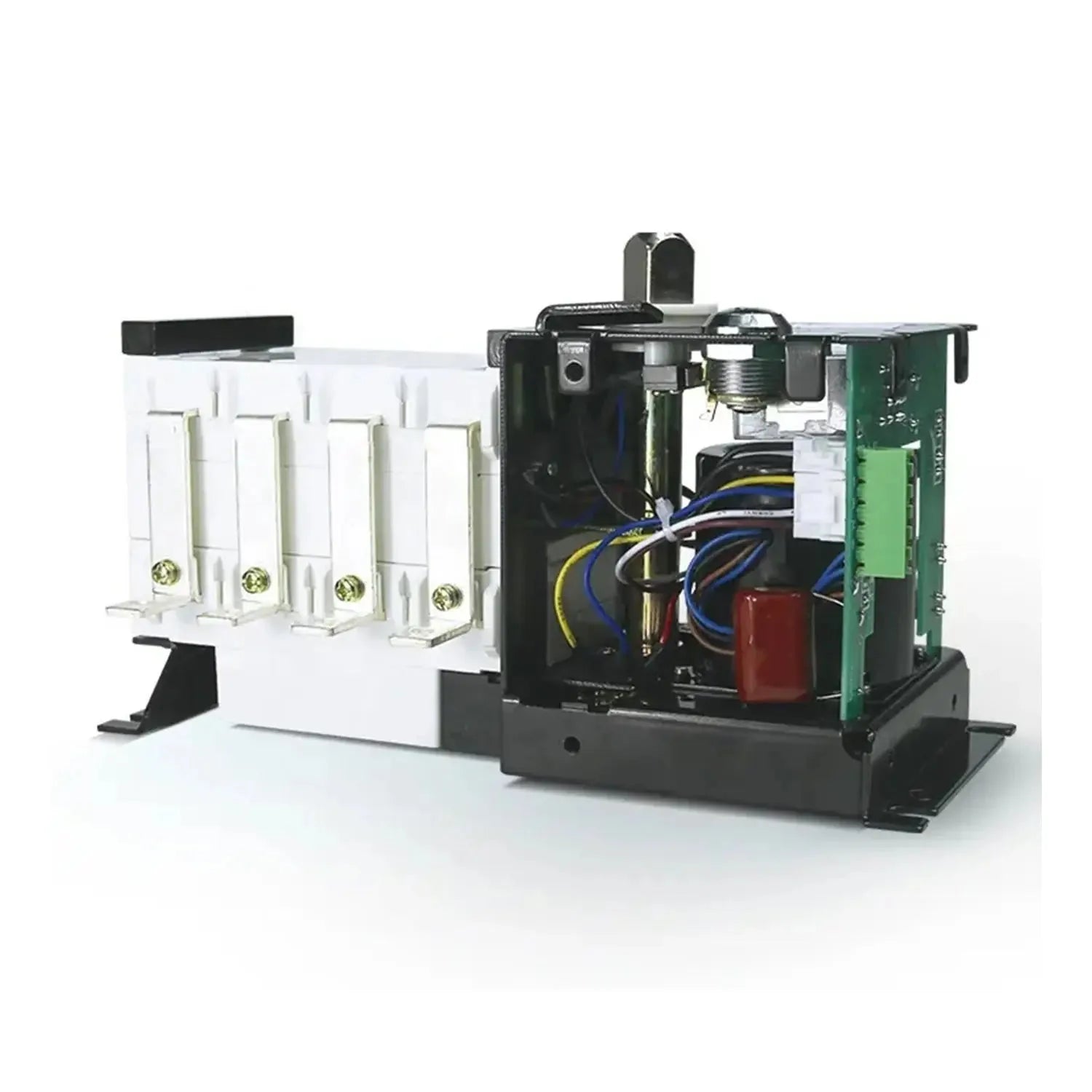 Automatic transfer switch with internal components visible, showing four white contact blocks on left side and control circui