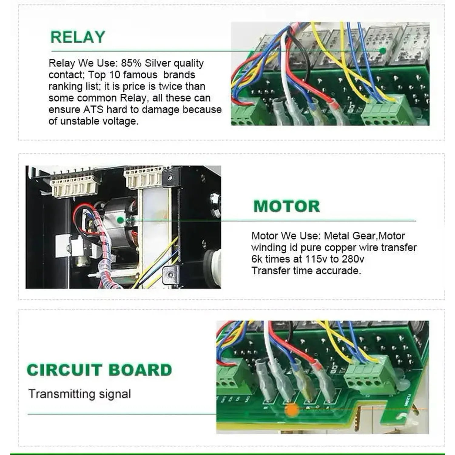 Internal components of automatic transfer switch showing relay, motor, and circuit board with colored wiring connections