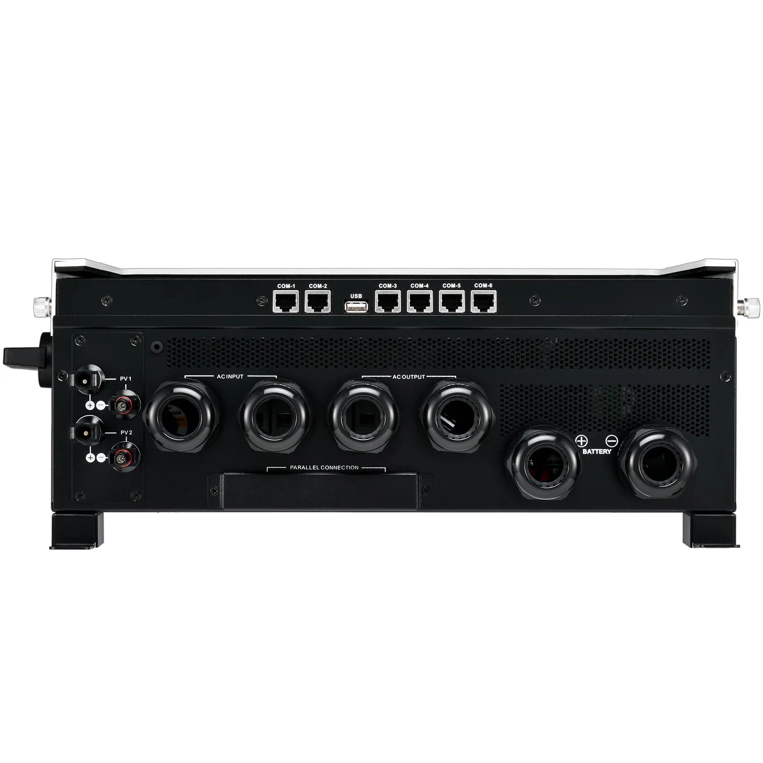 Rear panel of black 11kW solar inverter showing six circular connector ports, two power input terminals, AC input/output sock