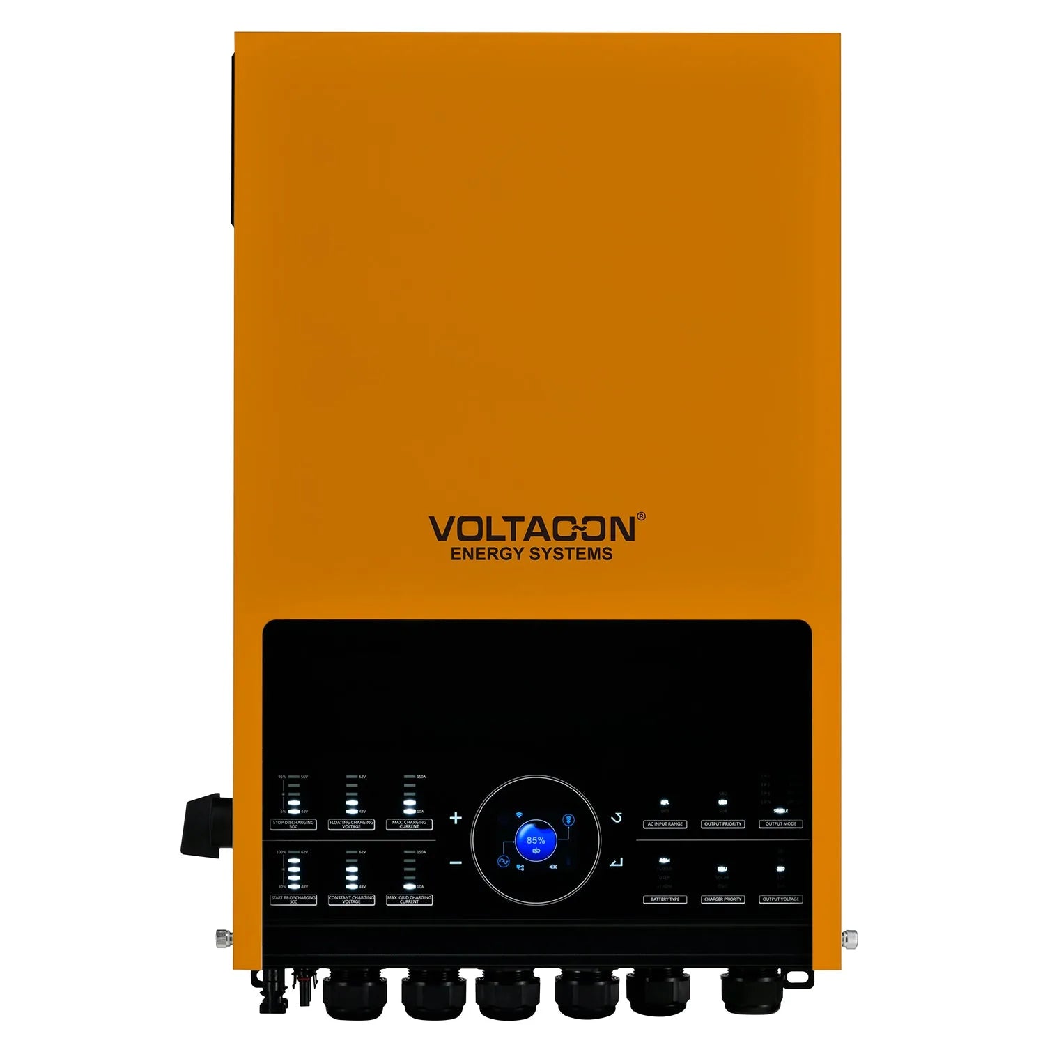 Voltagon Energy Systems 11kW 48V off-grid solar inverter with orange exterior, black control panel featuring digital display 