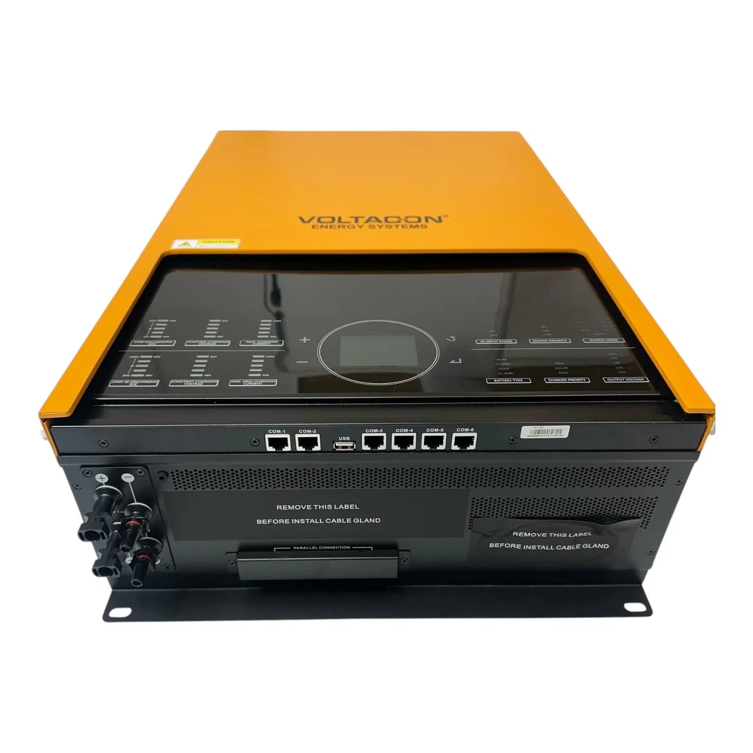 Voltacoin Energy Systems 11kW 48V off-grid solar inverter with orange top panel, black control interface, digital display, an