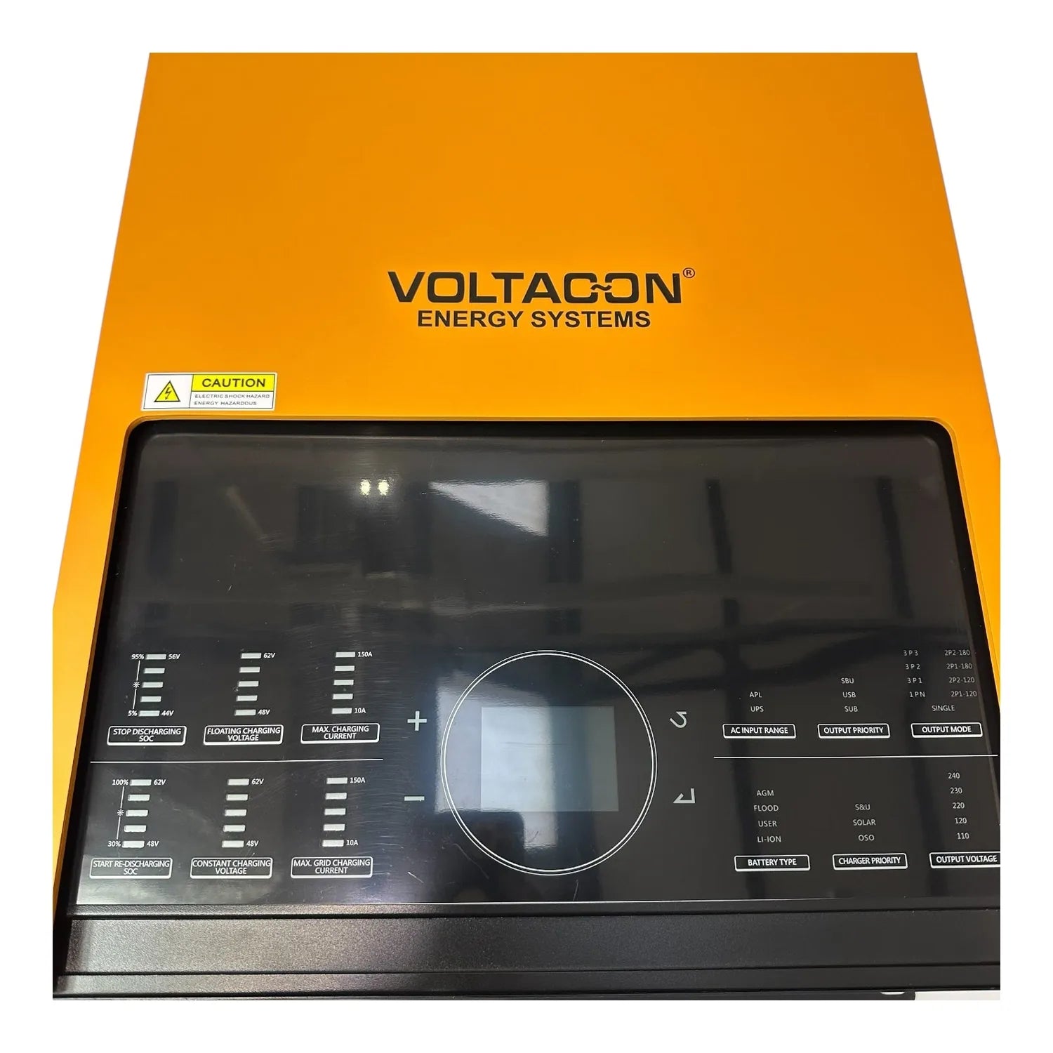 Voltagon Energy Systems 11kW 48V solar inverter with yellow casing, black control panel featuring LCD display, charging mode 