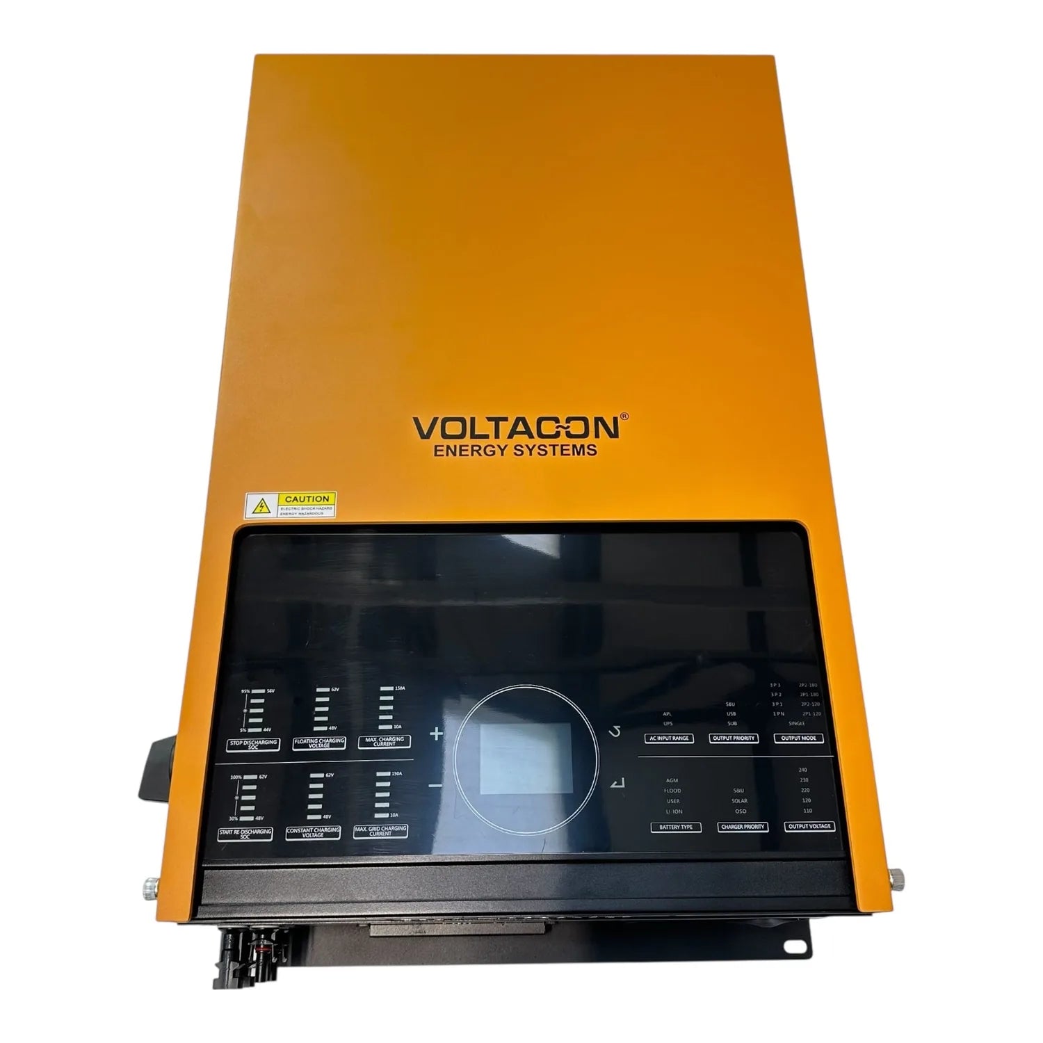 Voltacon Energy Systems 11kW 48V solar inverter with yellow casing and black control panel featuring display screen and multi