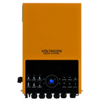 Voltagon Energy Systems orange and black hybrid solar inverter with central blue digital display showing 65% charge level and