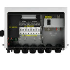 Interior view of Axpert MAX III hybrid solar inverter showing AC breakers, battery breaker, PV switch, and AC terminal block 