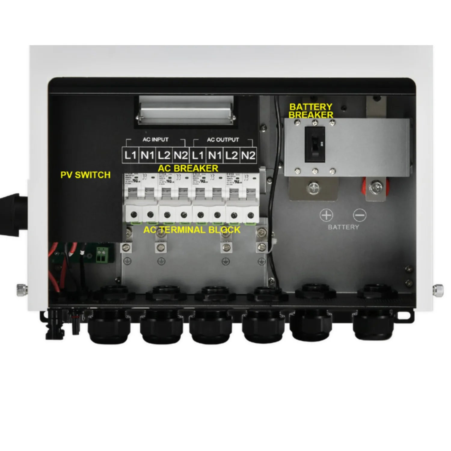 Interior view of Axpert MAX III hybrid solar inverter showing AC breakers, battery breaker, PV switch, and AC terminal block 
