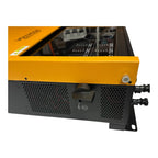 Yellow and black hybrid solar inverter with perforated metal cooling panel, power connectors, and digital display visible on 