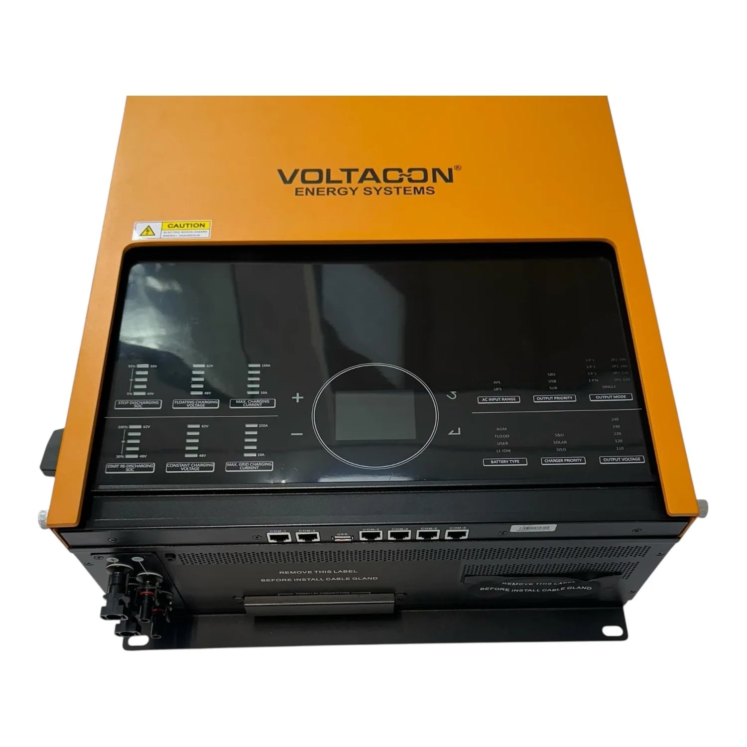 Voltagon Energy Systems Axpert MAX III hybrid solar inverter with orange casing, black control panel featuring digital displa