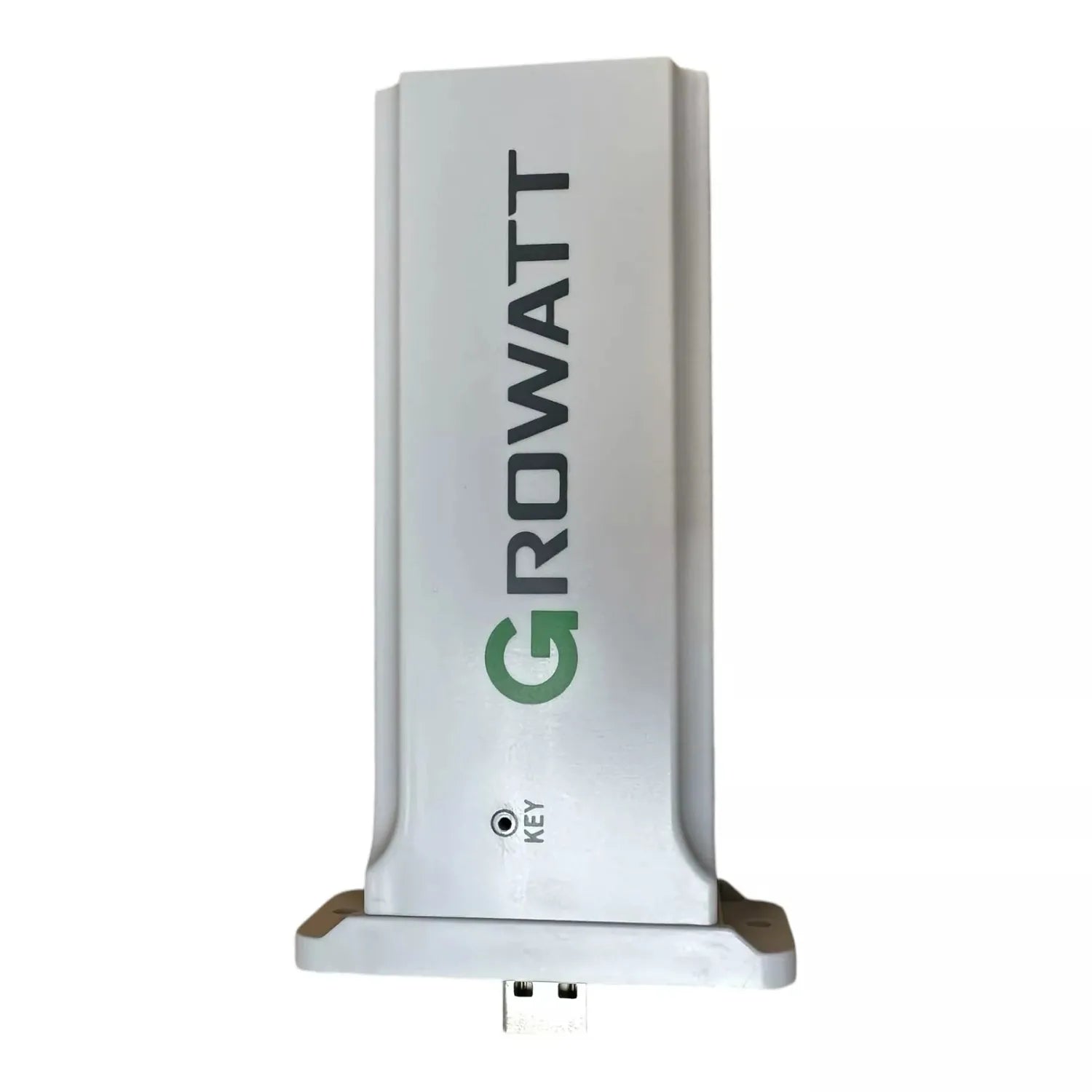 Growatt Shine WiFi-F USB monitoring stick, white rectangular device with green and black branding and key symbol, shown stand