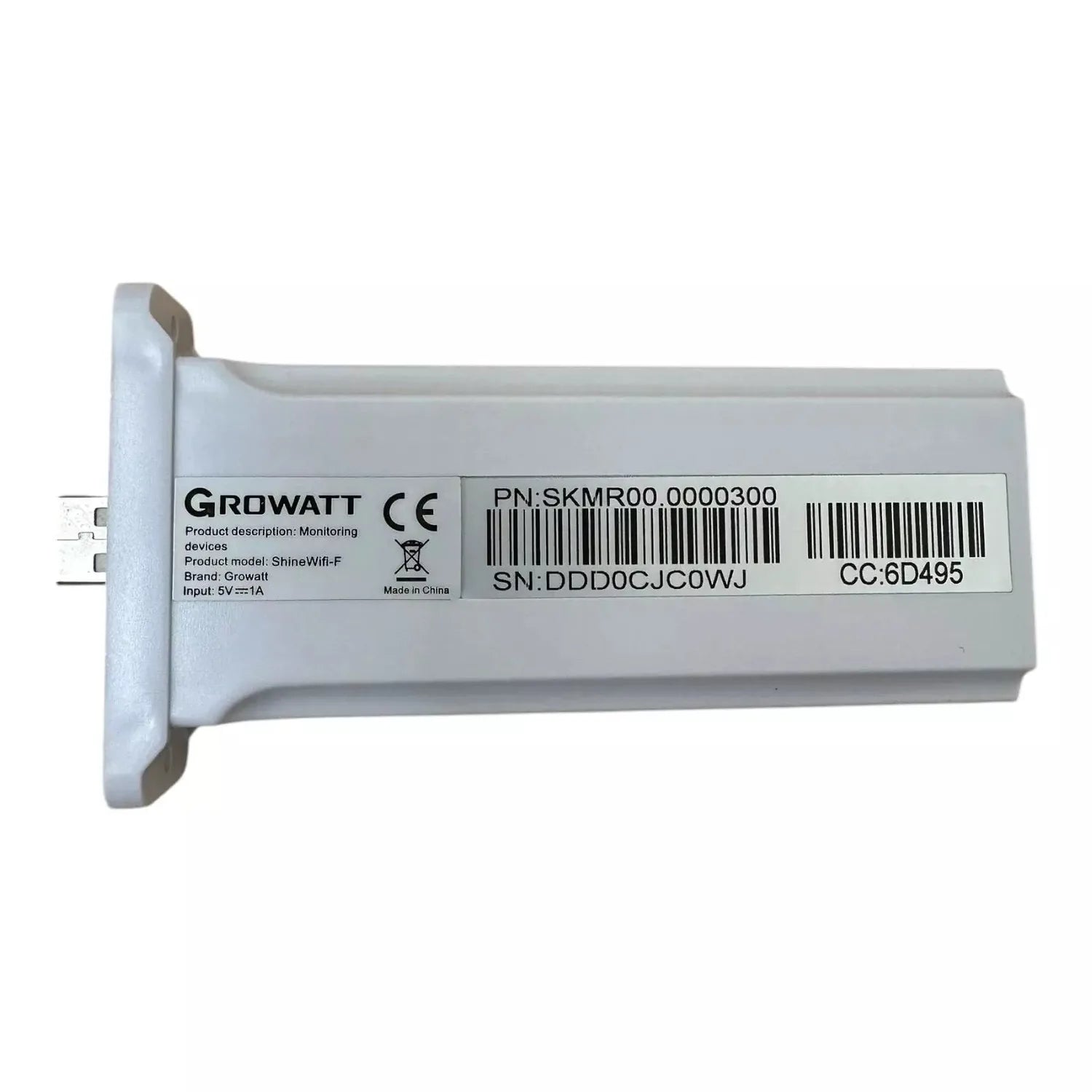 Growatt ShineWifi-F monitoring device label showing product details, serial number, and barcode against white background.