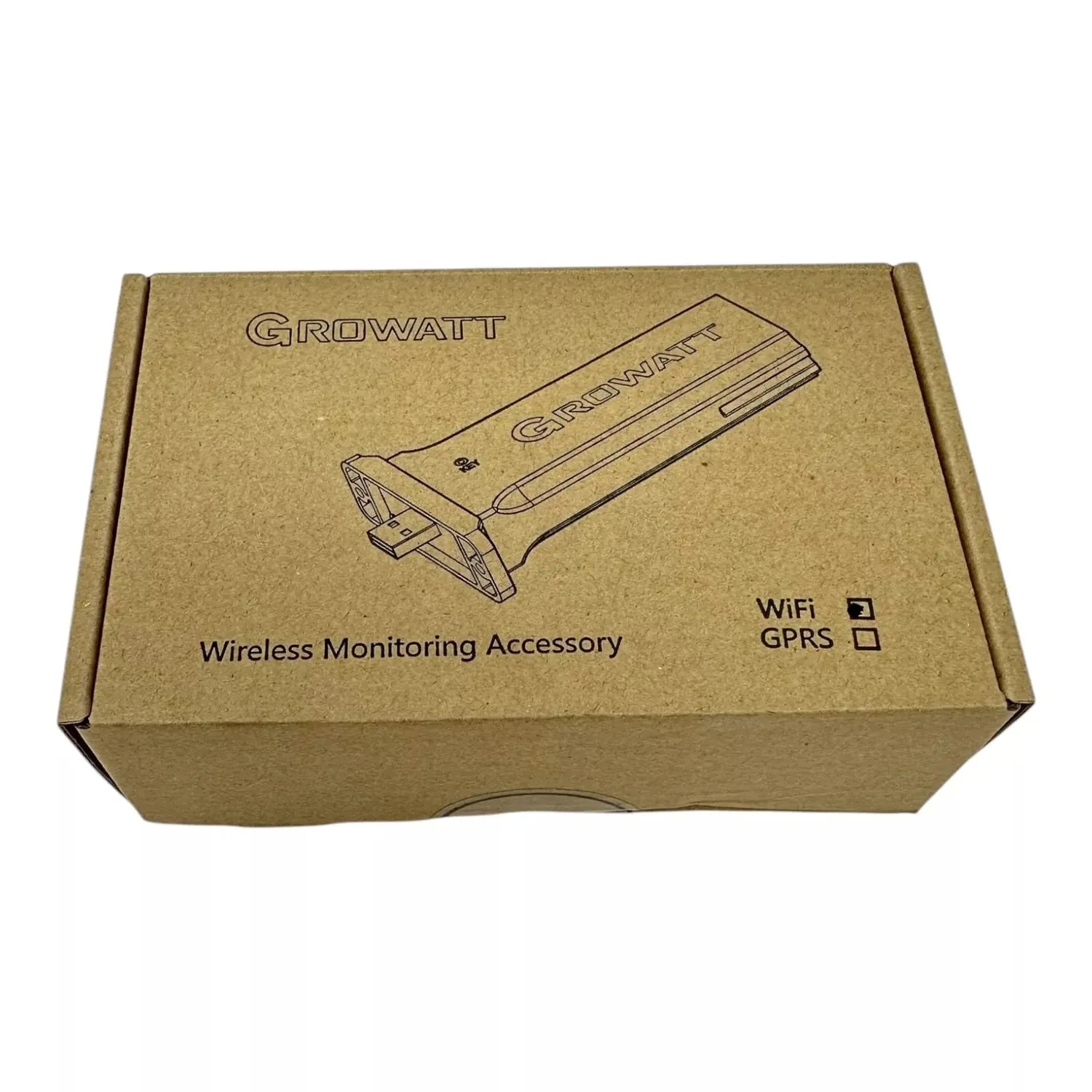 Growatt Shine wireless monitoring accessory in cardboard packaging with product illustration and WiFi checkbox marked.