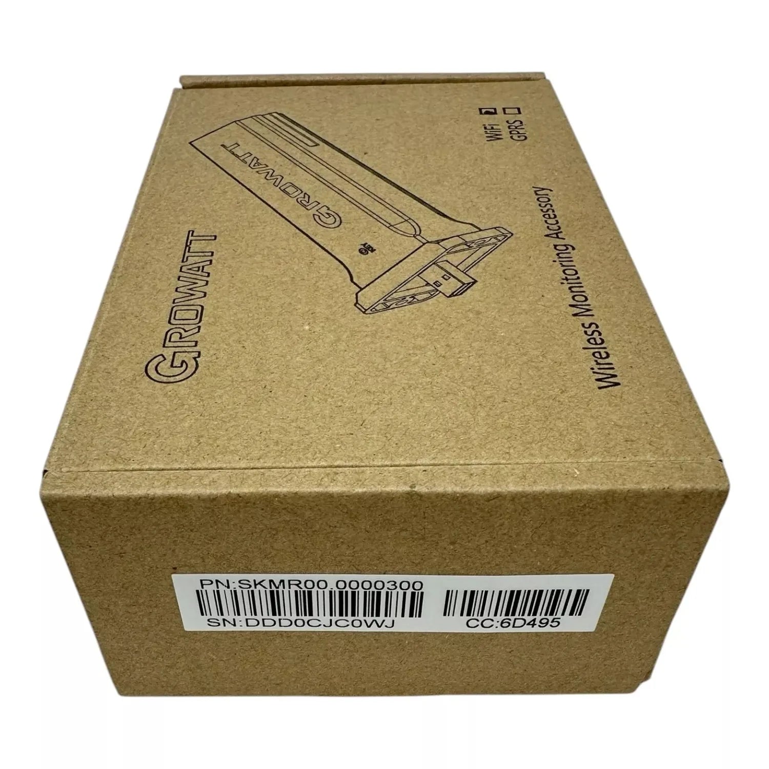 Cardboard product box for Growatt Shine WiFi-F wireless monitoring device, showing technical illustration and barcode label.