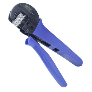 Blue and black MC4 solar connector crimping tool with ergonomic handles, head detail visible.