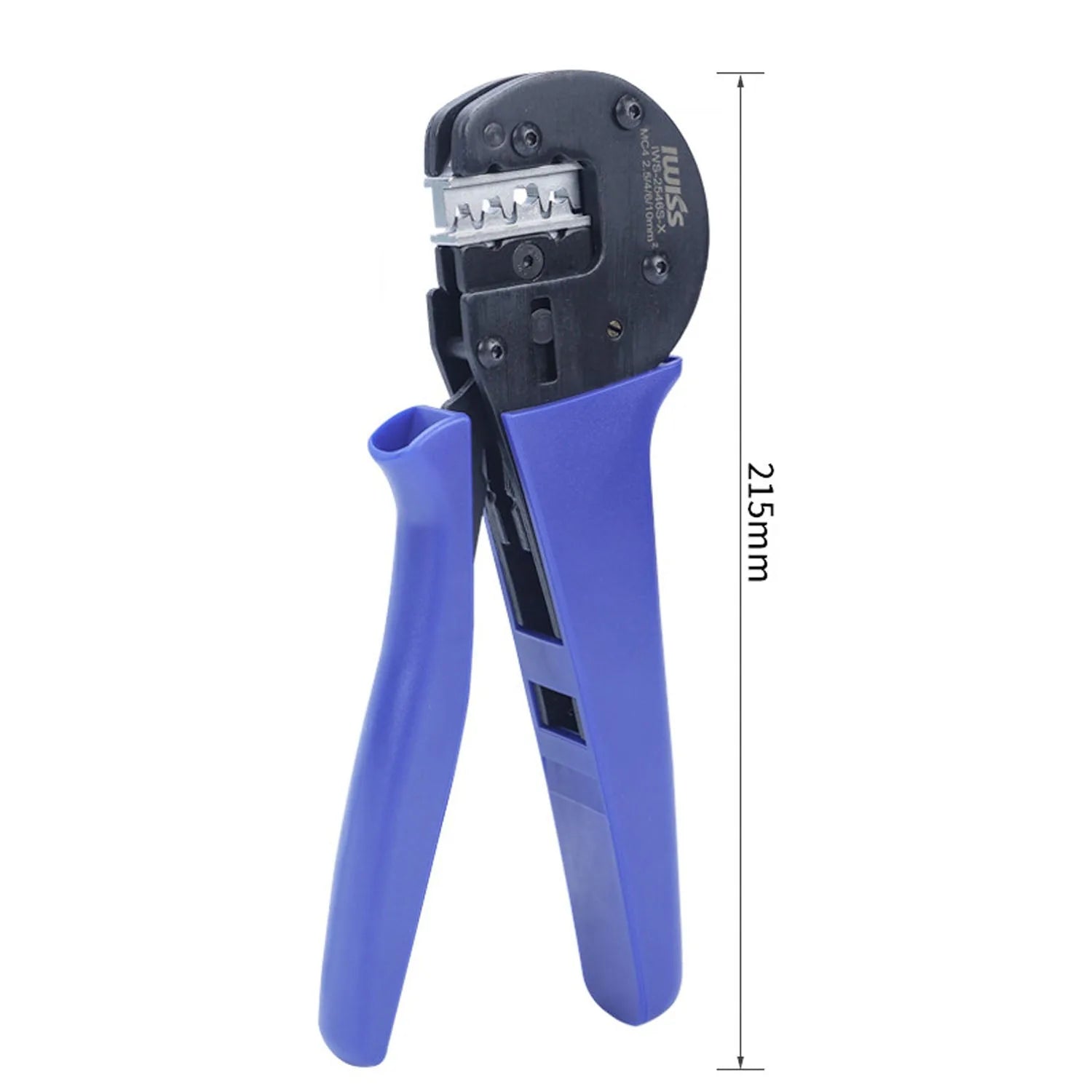 Blue and black MC4 crimping tool with measurement dimension line showing 215mm height.