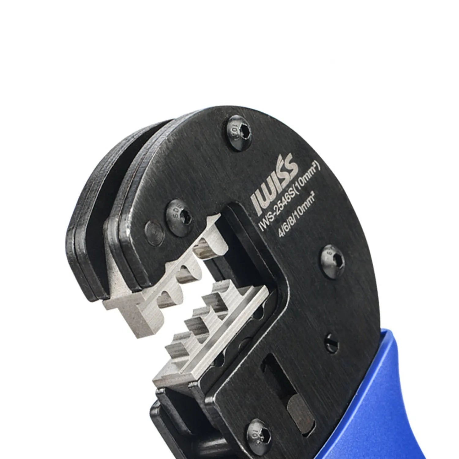 MC4 crimping tool with blue handle showing metal die heads and specifications label on black housing.