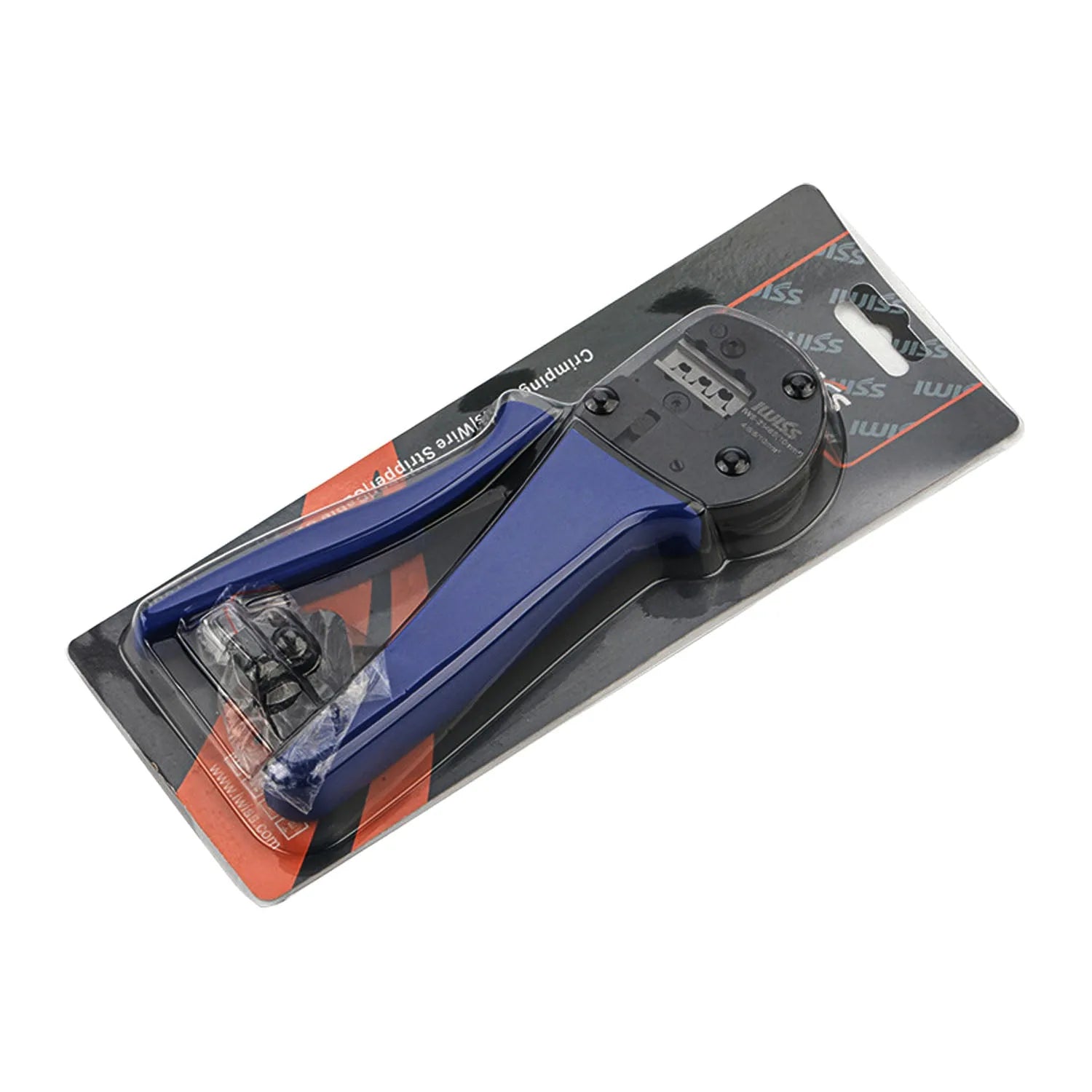 Blue and black MC4 solar connector crimping tool in retail packaging with orange and gray branded cardboard backing.