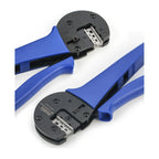 Two blue-handled MC4 crimping tools with black heads, displayed at angles against white background.
