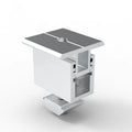 Isometric product diagram of white and gray solar panel mounting clamp with adjustable mechanism and installation hardware.