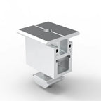 Isometric product diagram of white and gray solar panel mounting clamp with adjustable mechanism and installation hardware.