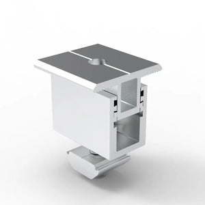 Isometric product diagram of white and gray solar panel mounting clamp with adjustable mechanism and installation hardware.