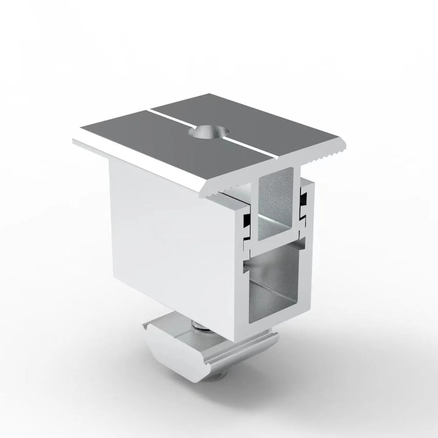 Isometric product diagram of white and gray solar panel mounting clamp with adjustable mechanism and installation hardware.