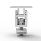 Adjustable middle clamp for solar panel rails, shown in front view with mounting hardware and adjustment mechanism visible.