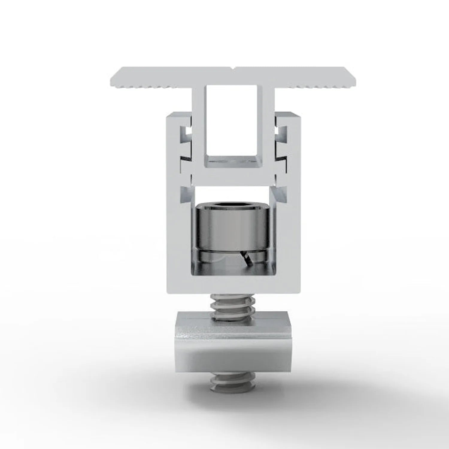 Adjustable middle clamp for solar panel rails, shown in front view with mounting hardware and adjustment mechanism visible.