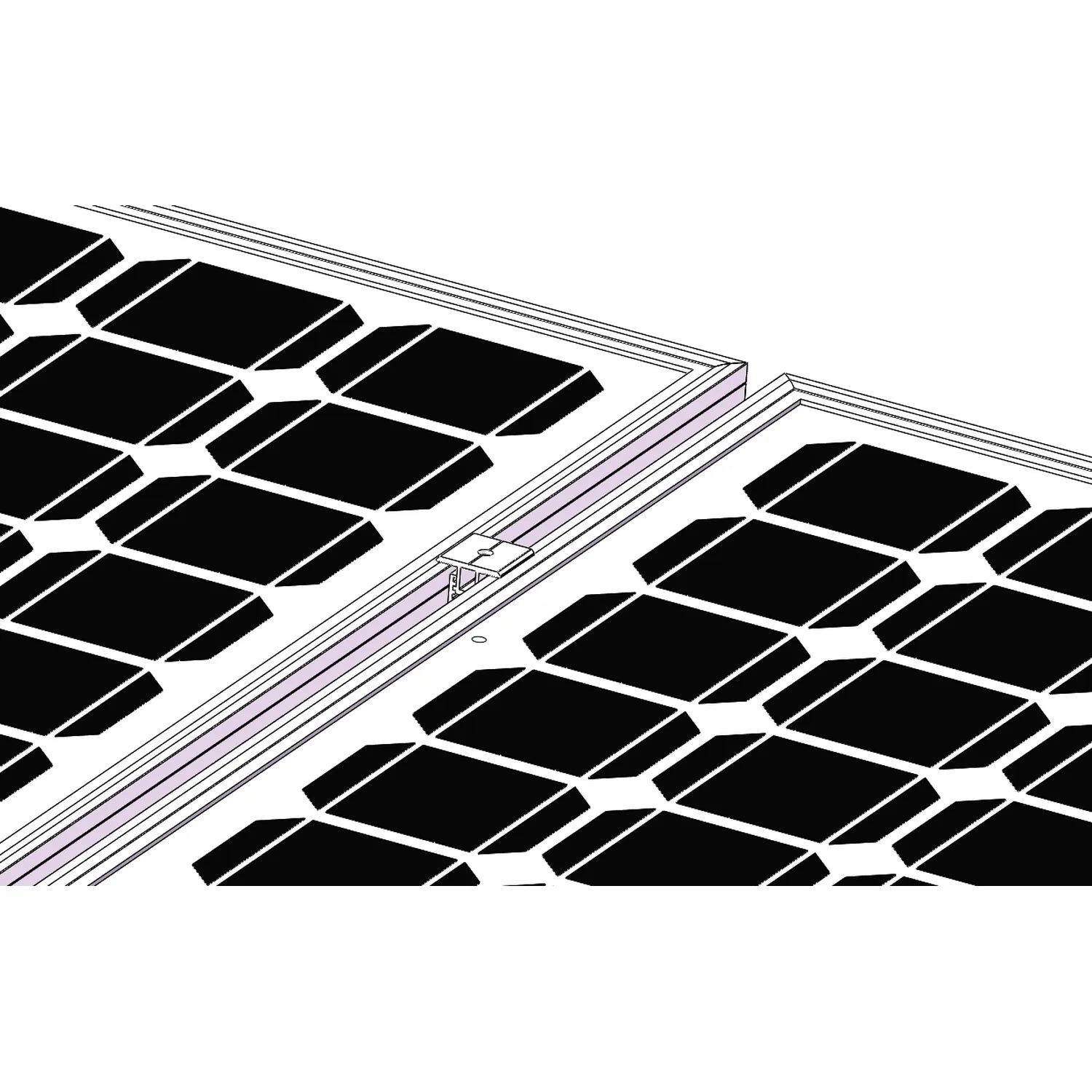 Adjustable middle clamp mounted on solar panel rails, isometric installation diagram showing clamp positioning between two pa