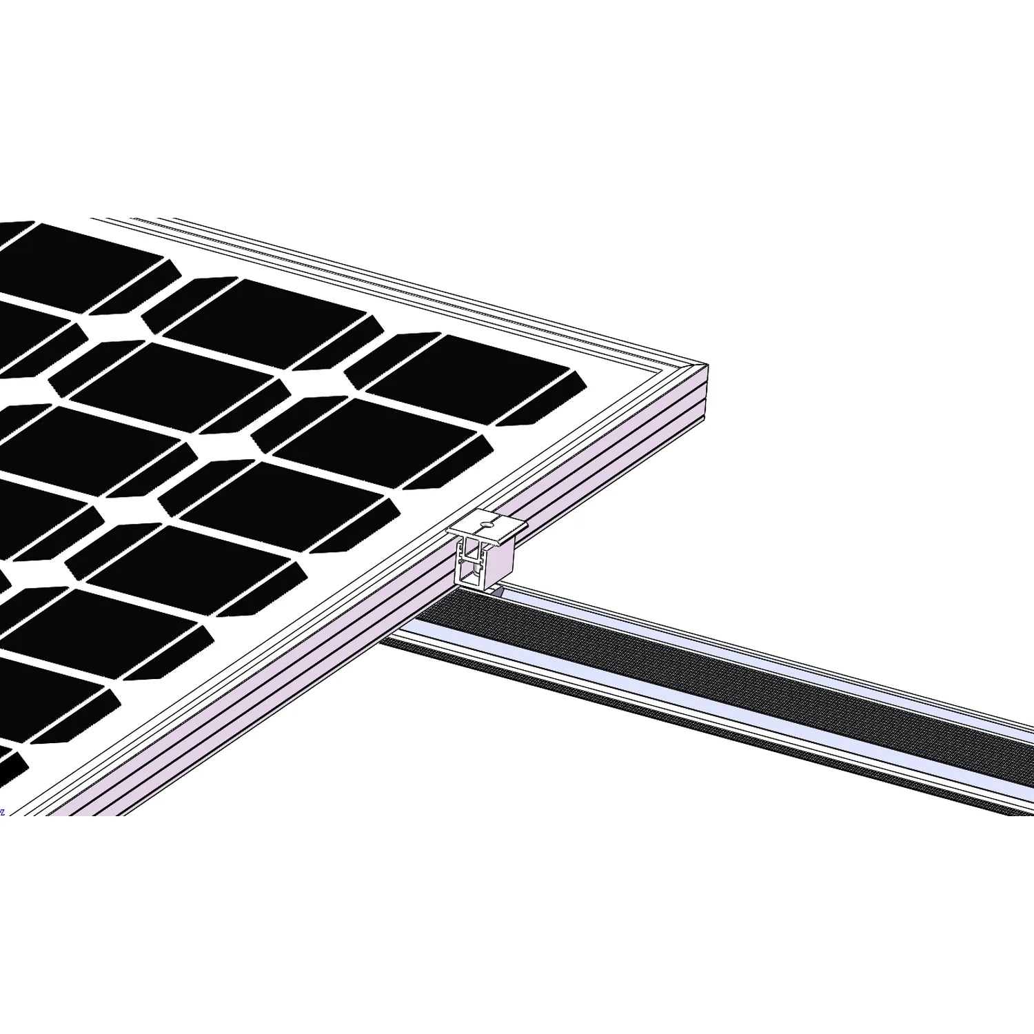 Close-up technical diagram showing adjustable middle clamp installed on solar panel mounting rail with cable attachment point