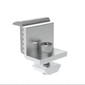 Adjustable end clamp for solar panel mounting rail, shown installed on white rail with cylindrical tightening mechanism and m