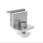 Adjustable end clamp for solar panel mounting rail, shown installed on white rail with cylindrical tightening mechanism and m