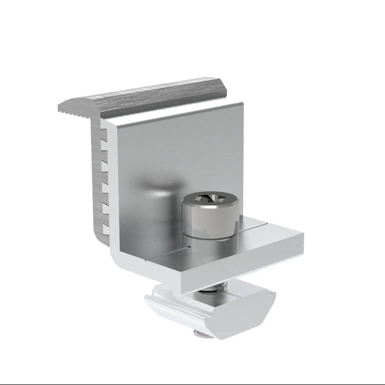 Adjustable end clamp for solar panel mounting rail, shown installed on white rail with cylindrical tightening mechanism and m