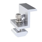 Exploded technical diagram of adjustable end clamp showing metal fastener assembly and white mounting bracket components sepa
