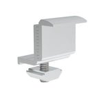 Adjustable end clamp for solar panel rail mounted on threaded base, shown as product isolation photo with adjustment slots vi