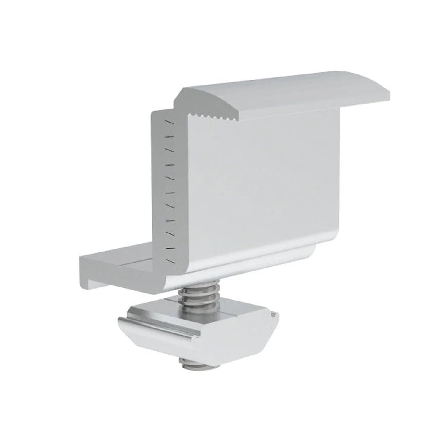 Adjustable end clamp for solar panel rail mounted on threaded base, shown as product isolation photo with adjustment slots vi