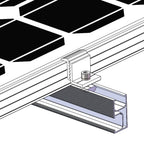 Isometric installation diagram showing adjustable end clamp mounted on solar panel rail with bolt fastener and mounting brack