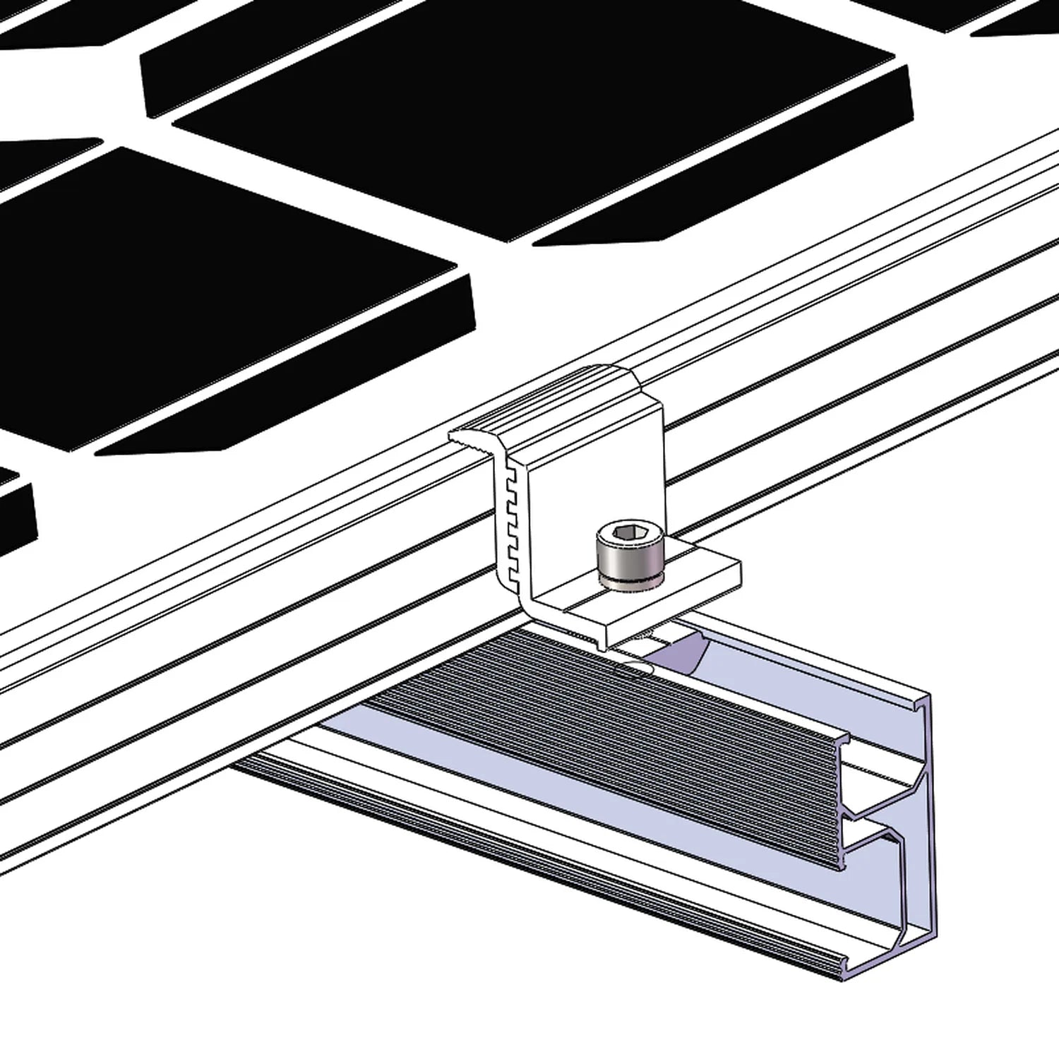 Isometric installation diagram showing adjustable end clamp mounted on solar panel rail with bolt fastener and mounting brack