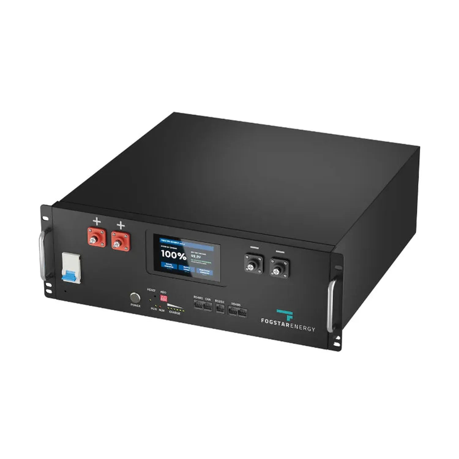 FogStar 5.12kWh LiFePO4 rack battery with LCD display showing 100% charge, red connectors, and control buttons on black front